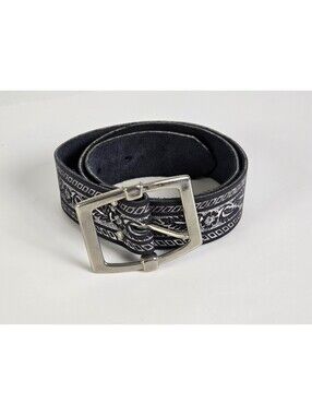 Vintage Embossed Black/Gray Leather Cowhide Belt Silver Buckle Size M 30"